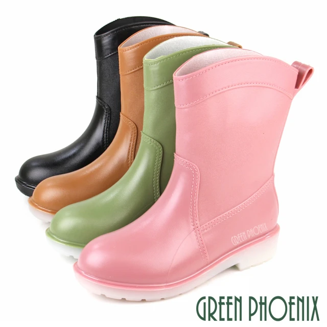 【GREEN PHOENIX 波兒德】女款繽紛色彩吸震減壓防水中筒雨靴/雨鞋(粉紅、綠色、棕色、黑色)