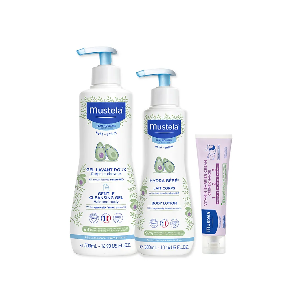 【Mustela 慕之恬廊】慕之幼 新手爸媽必備SOP組(雙潔乳500ml+爽身潤膚乳300ml+屁屁膏50ml 嬰兒洗髮乳液)