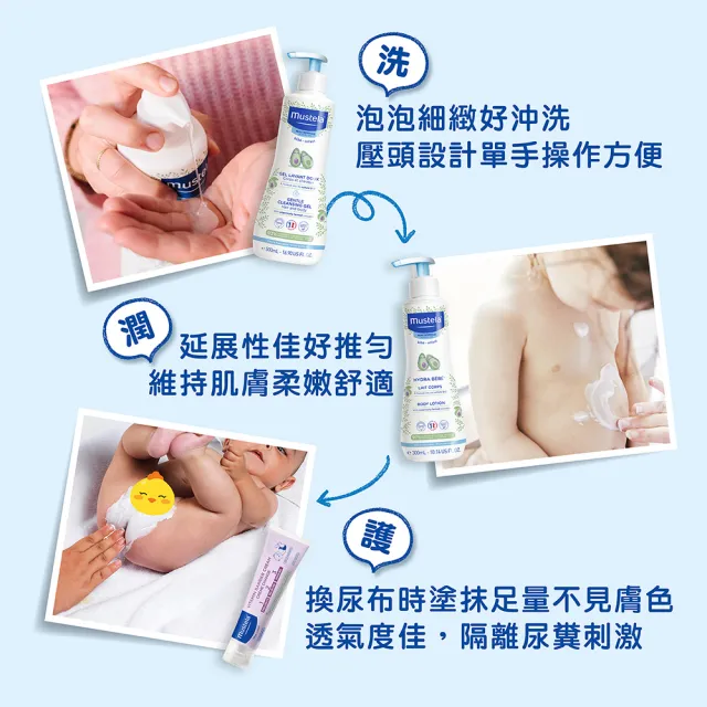 【Mustela 慕之恬廊】慕之幼 新手爸媽必備SOP組(雙潔乳500ml+爽身潤膚乳300ml+屁屁膏50ml 嬰兒洗髮乳液)