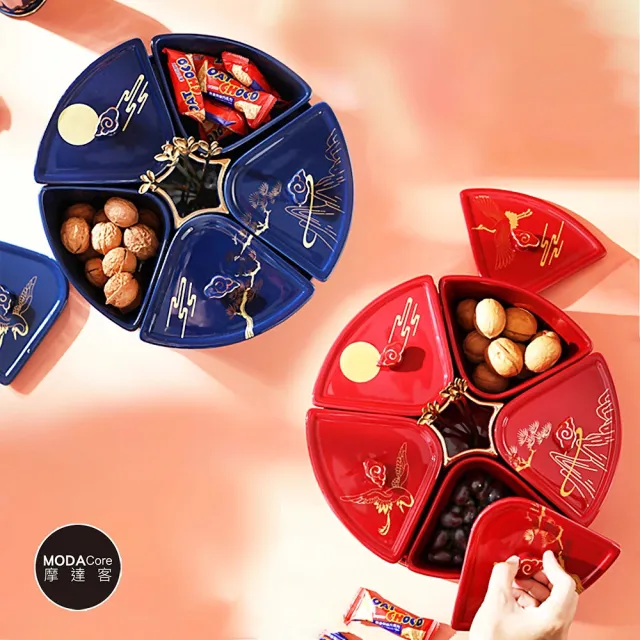 【摩達客】農曆春節開運☆高級優雅宮廷國畫金系分格陶瓷精緻糖果盒水果盤聚寶盆