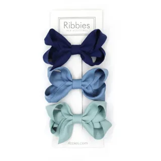 【Ribbies】雙層中蝴蝶結3入組-藍色系列(髮夾)