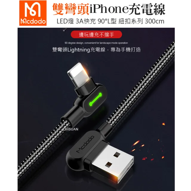 【Mcdodo 麥多多】雙彎頭 LED USB-A to Lightning 3M 3A快充/充電傳輸線 紐扣系列(iPhone充電線)