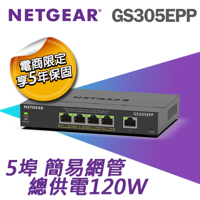 NETGEAR 5埠 Gigabit 120W PoE供電 簡易網管 金屬殼 網路交換器(GS305EPP)