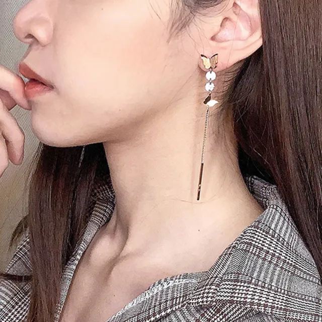 【Elegant 珍愛宣言】翩翩飛舞蝴蝶玫瑰金耳環(鈦鋼耳環 抗過敏耳環)