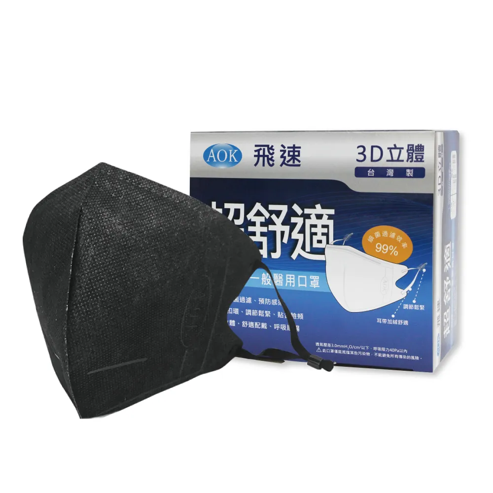 【AOK 飛速】3D立體醫用口罩- M 深黑色 50入/ 盒(調節扣可調整耳帶鬆緊)