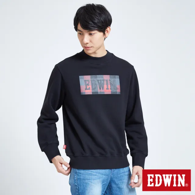 【EDWIN】男裝 小高領格紋LOGO厚長袖T恤(黑色)