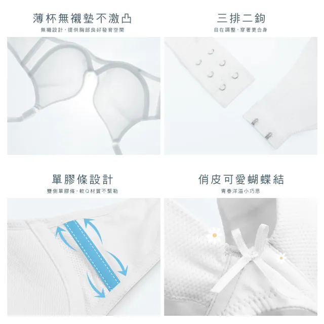 【Clany 可蘭霓】台灣製 無痕舒適透氣軟鋼圈BCD學生內衣 少女 成長型 減壓(6990-22 純淨白)