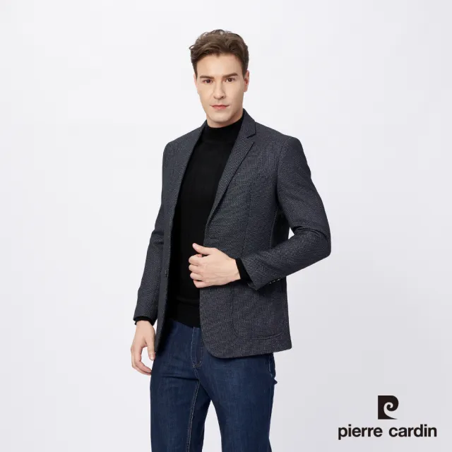 【pierre cardin 皮爾卡登】商務休閒 男款 經典緹花休閒西裝外套-深藍色(5215572-38)