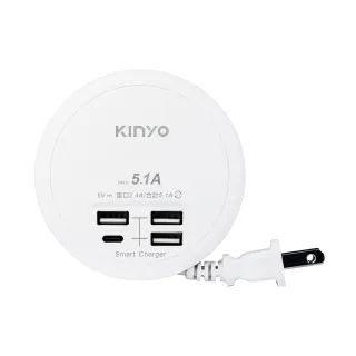 【KINYO】4USB收納智慧快充分接器(Type-C充電插孔/收納式電源線GIU-400)