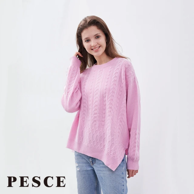 【PESCE】長袖圓領套頭毛衣、Cashmere喀什米爾絞花造型套衫(喀什米爾/羊絨/羊毛/保暖/上衣/圓領)