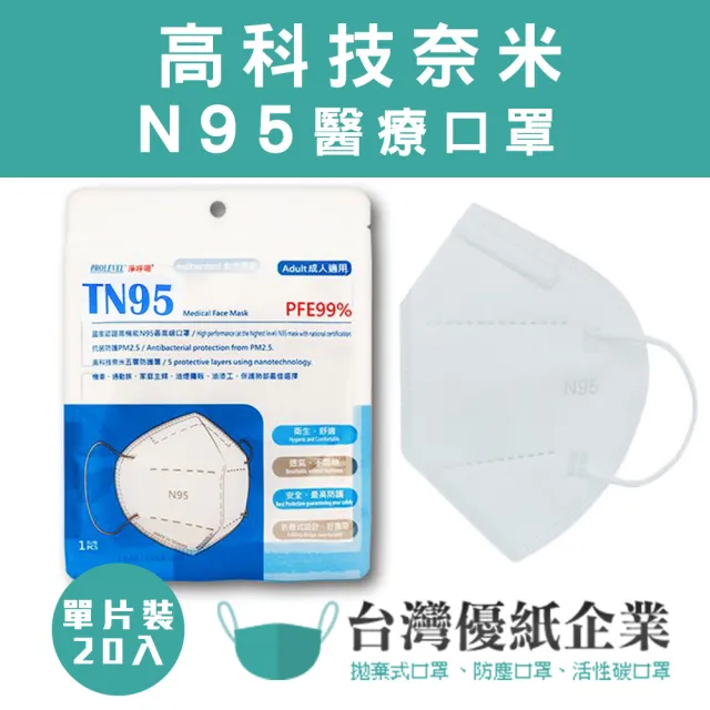 【台灣優紙】高科技奈米N95 醫療口罩 5層防護(麻疹防護 單片裝*20入 多功能N95)