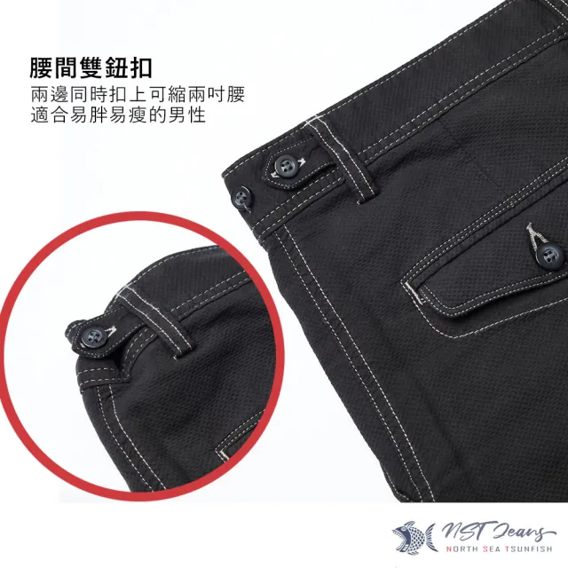 【NST JEANS】小白球壓紋_腰間雙鈕扣_男斜口袋黑褲-中腰直筒(390-5922)