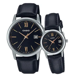 【CASIO 卡西歐】指針對錶 皮革錶帶 日期顯示 MTP-V002L(MTP-V002L-1B3+LTP-V002L-1B3)