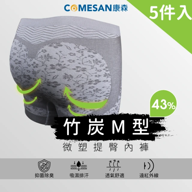 【COMESAN 康森】竹炭43%微塑提臀內褲 超值5件組 MIT台製(內褲 提臀 抗菌 三角 四角)