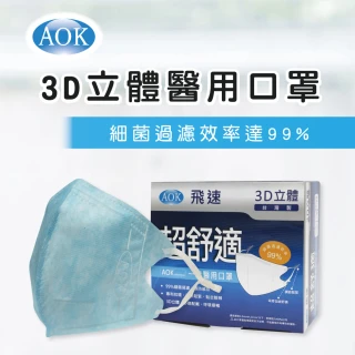 【AOK 飛速】3D立體醫用口罩- L 淡藍色 50入/ 盒(調節扣可調整耳帶鬆緊)