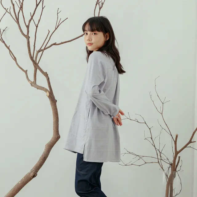 【MOSS CLUB】假兩件親膚材質格紋-女長袖襯衫 假兩件 藍 白 灰(三色/魅力商品/版型適中)