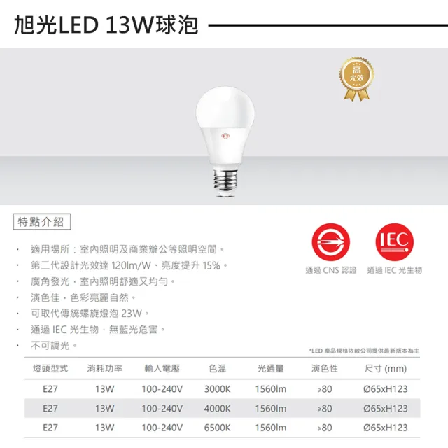 【旭光】LED 球泡 13W 省電燈泡 球泡燈  5入(綠能燈泡 E27 全電壓 黃光 自然光 白光)