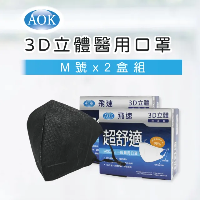 【AOK 飛速】3D立體醫用口罩2盒組-M-深黑色 50入/ 盒 x 2盒 超值組(共2盒 /100片)