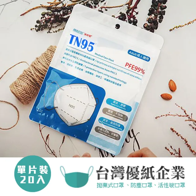 【台灣優紙】高科技奈米N95 醫療口罩 5層防護(單片裝20入 防疫 防菌 日常保護 出國)