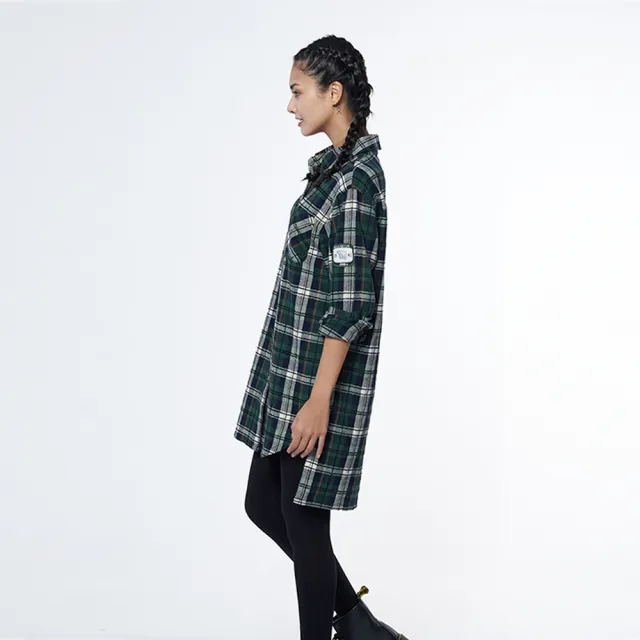 【JEEP】女裝 質感格紋休閒長版襯衫(綠色)