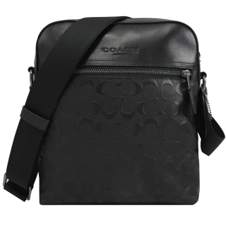 【COACH】立體LOGO皮革壓紋直式記者包斜背包(黑)