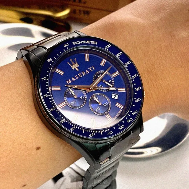 【MASERATI 瑪莎拉蒂】瑪莎拉蒂男錶型號R8873640001(寶藍色錶面黑錶殼深黑色精鋼錶帶款)