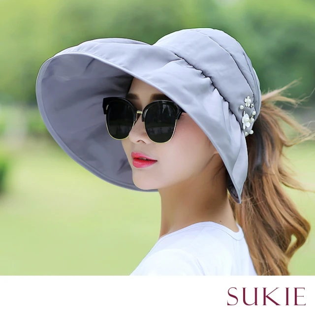 【Sukie】防曬帽 遮陽帽 珍珠帽 可捲折帽/花朵珍珠飾大帽檐可捲折透氣便攜防曬遮陽帽(多色任選)