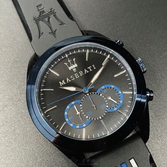【MASERATI 瑪莎拉蒂】瑪莎拉蒂男女通用錶型號R8871612006(黑色錶面寶藍錶殼深黑色矽膠錶帶款)