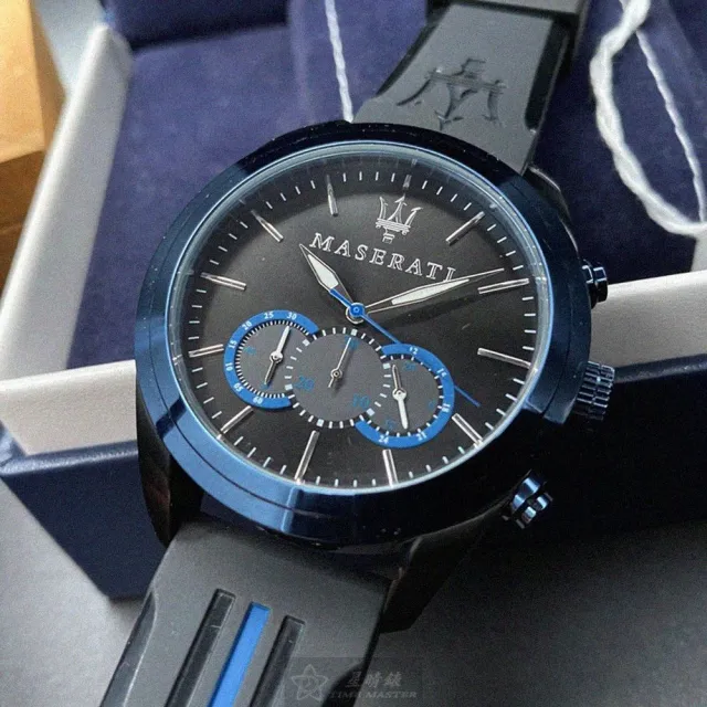 【MASERATI 瑪莎拉蒂】瑪莎拉蒂男女通用錶型號R8871612006(黑色錶面寶藍錶殼深黑色矽膠錶帶款)