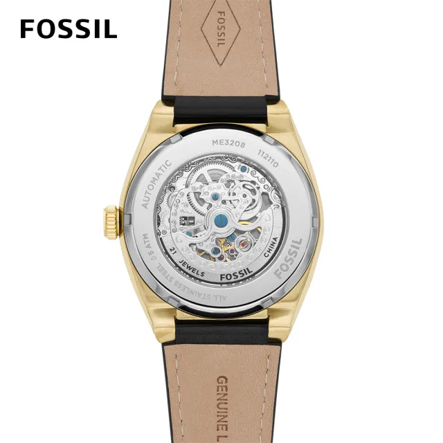 【FOSSIL 官方旗艦館】Everett 復古鏤空機械手錶 黑色真皮錶帶 42MM ME3208