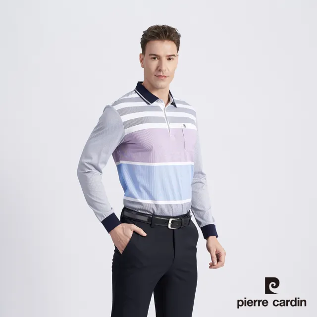 【pierre cardin 皮爾卡登】商務休閒 男款 棉質混紡細條定位印花薄長袖POLO衫-丈青色(5215263-38)