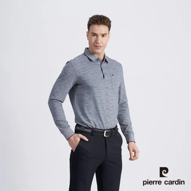 【pierre cardin 皮爾卡登】商務休閒 男款 棉質混紡印花薄長袖POLO衫-丈青色(5215261-38)