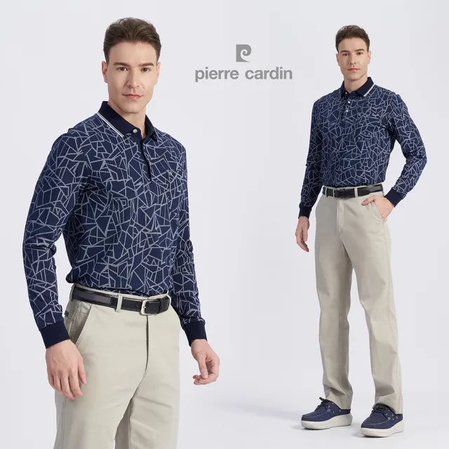 【pierre cardin 皮爾卡登】商務休閒 男款 棉質混紡網眼布印花薄長袖POLO衫-丈青色(5215255-38)