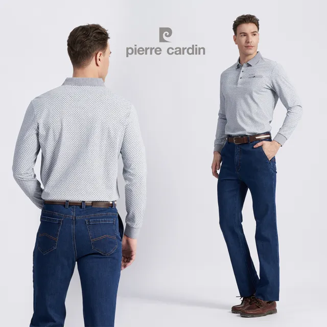 【pierre cardin 皮爾卡登】商務休閒 男款 棉質混紡印花薄長袖POLO衫-灰色(5215262-95)