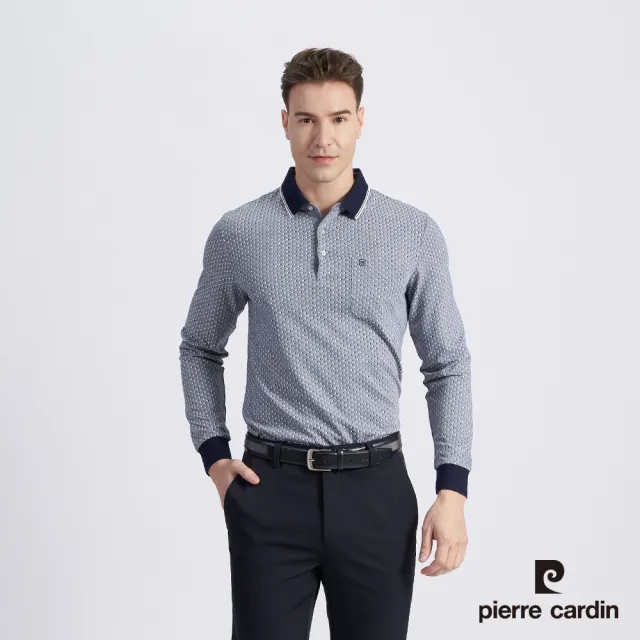 【pierre cardin 皮爾卡登】商務休閒 男款 棉質混紡雙色網眼布印花薄長袖POLO衫-丈青色(5215254-38)