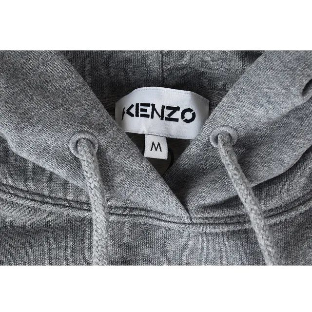 【KENZO】KENZO 刺繡LOGO白金虎頭純棉長袖連帽T恤(灰)