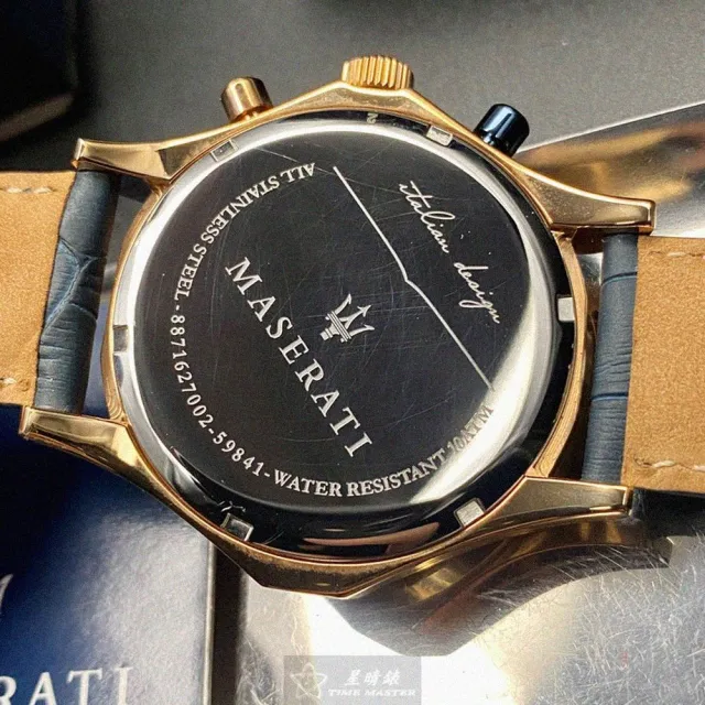【MASERATI 瑪莎拉蒂】瑪莎拉蒂男女通用錶型號R8871627002(寶藍色錶面玫瑰金錶殼寶藍真皮皮革錶帶款)