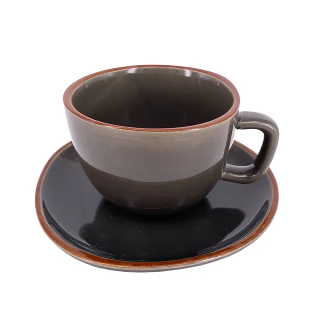 【YU Living 信歐傢居】北歐陶瓷不規則咖啡杯盤組 早餐杯(一杯一盤/200ml/3色/藍色/棕色/薄荷綠色)
