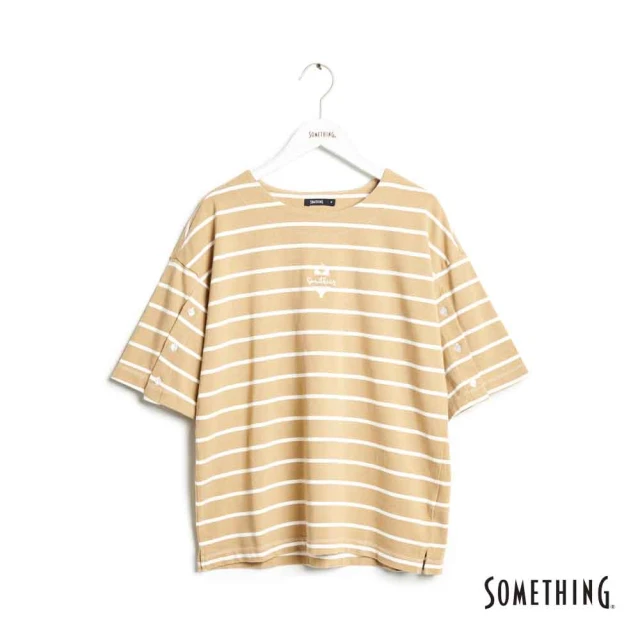 【SOMETHING】女裝 袖開襟條紋短袖T恤(深咖啡)