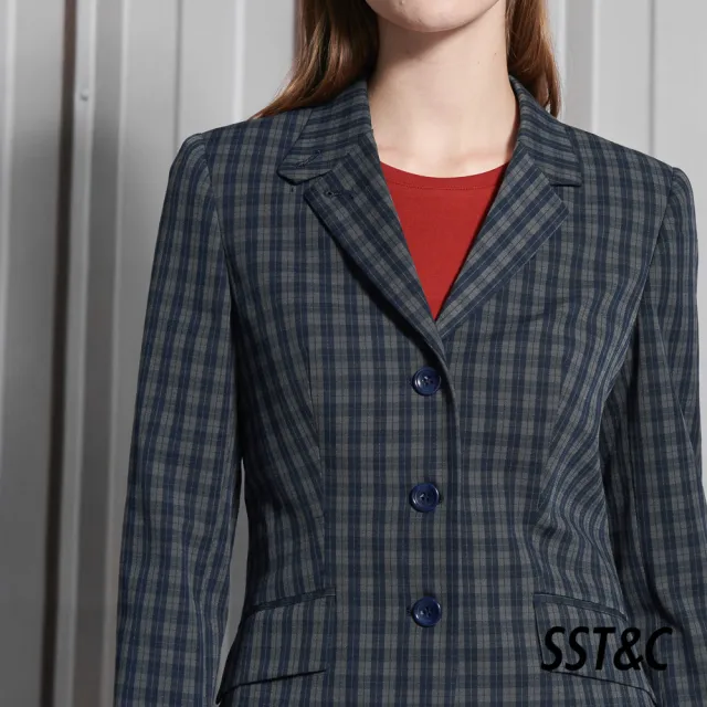 【SST&C 最後５５折】羊毛混紡復古深藍格紋方領西裝外套7162112008