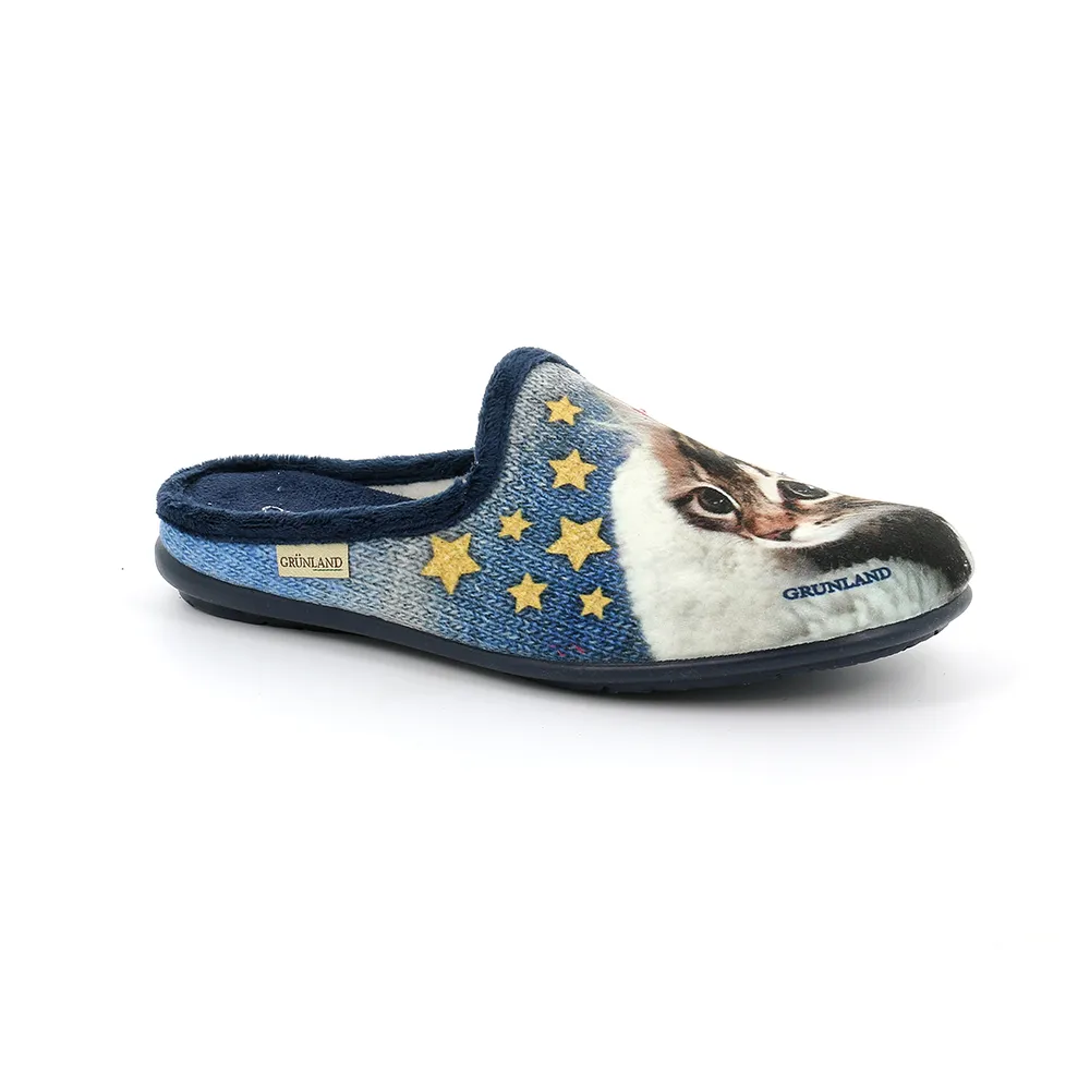 【GRUNLAND】義大利小幼貓咪保暖拖鞋FAYE CI2407 藍(義大利進口健康舒適鞋)