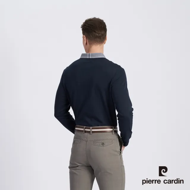 【pierre cardin 皮爾卡登】商務休閒 男款 棉質混紡素色薄長袖POLO衫-丈青(5215292-38)