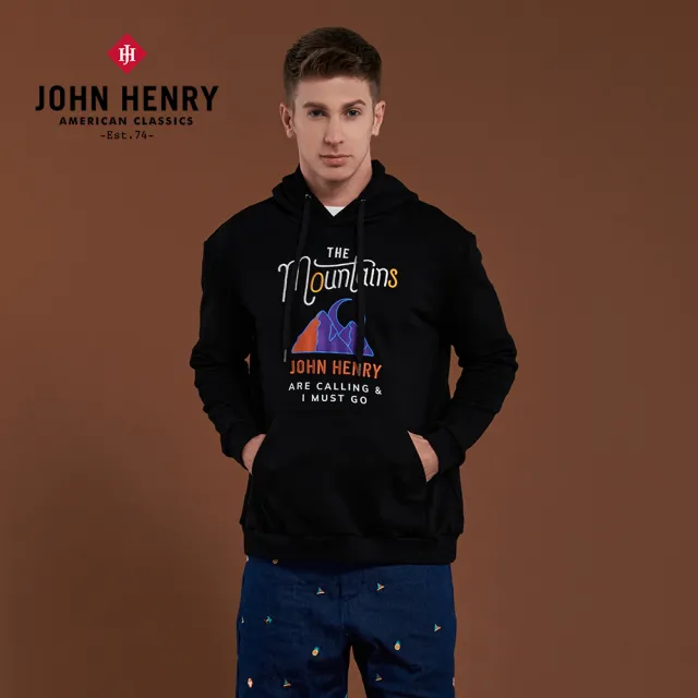 【JOHN HENRY】登山刺繡純棉連帽T-黑色