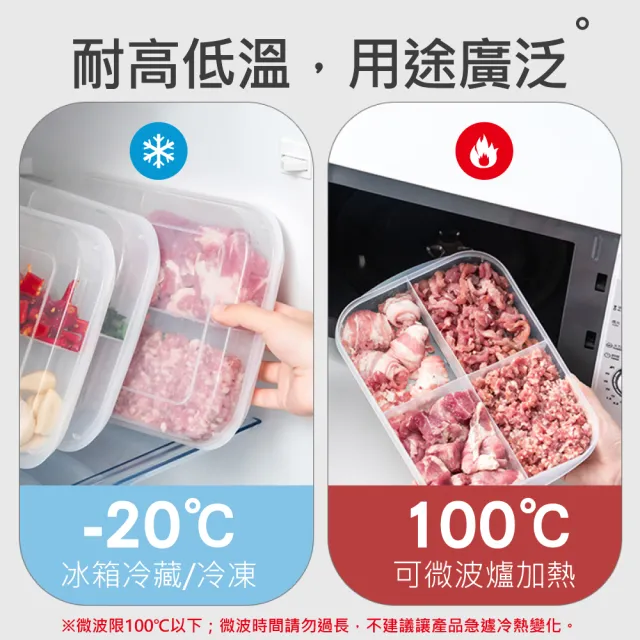 【時光良品】冰箱四分格PP收納保鮮盒-S號2入(微波/冷藏/冷凍 透明分隔分類 蔥薑蒜肉醬料食物材 方形好堆疊)
