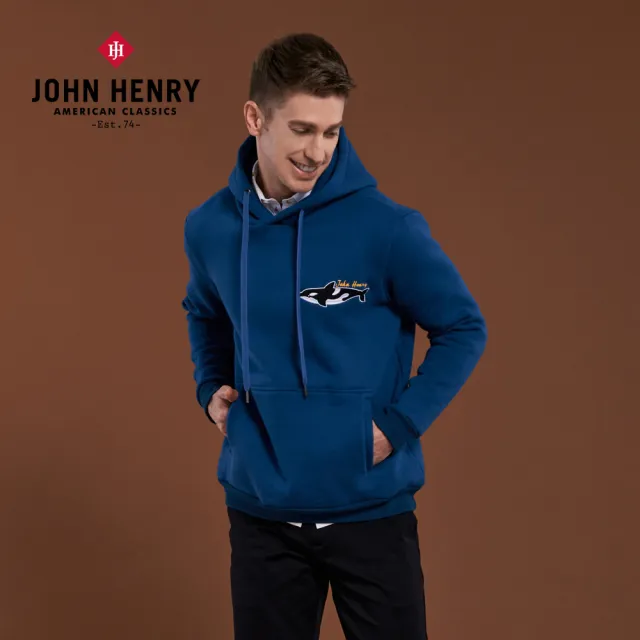 【JOHN HENRY】虎鯨刺繡加厚內刷毛連帽T-藍色