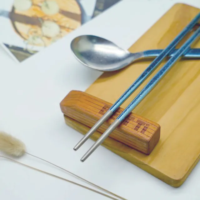 【BEST Ti】純鈦冰晶阿湯筷匙餐具組 長方鈦筷 x 阿湯杓(天空藍)