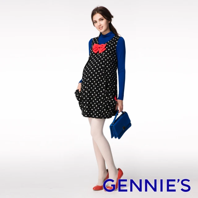 【Gennies 奇妮】俏麗點點蝴蝶結飾背心洋裝(黑C2601)