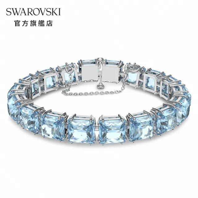 【SWAROVSKI 官方直營】Millenia 手鏈正方形切割 水晶 藍色 鍍白金色(水晶手鍊 彩寶 閃亮 手串 曜石)