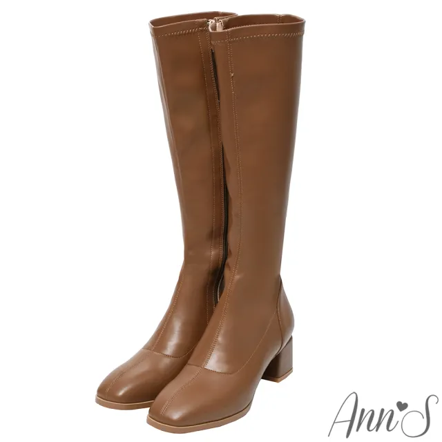 【Ann’S】有彈性的全素面粗跟及膝長靴5cm(棕)