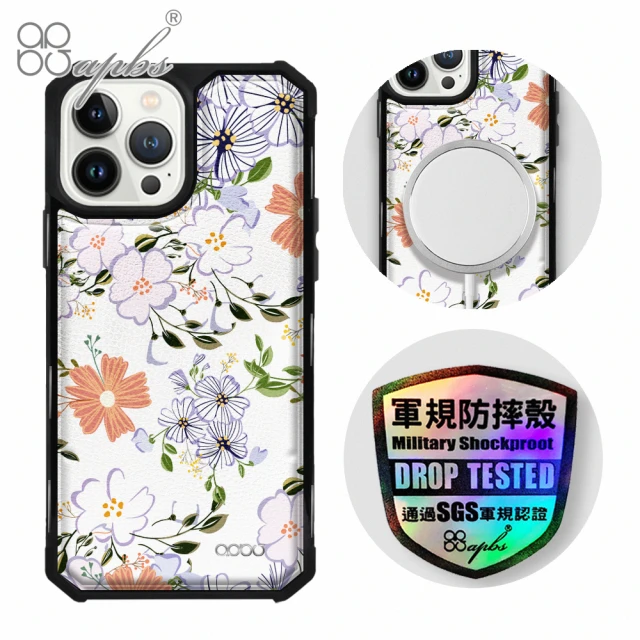 apbs iPhone 13 Pro Max / 13 Pro / 13 軍規防摔皮革磁吸手機殼(經典牛紋-芬芳花卉-上光版-黑殼)